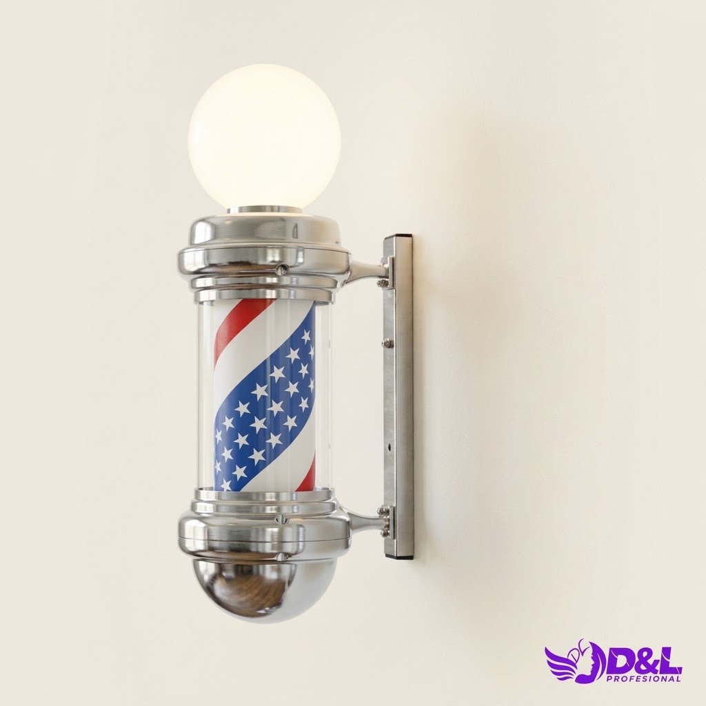 Lámpara Pole 60 cm, base plateado, bandera americana (rojo, blanco y azul con estrellas), con bola