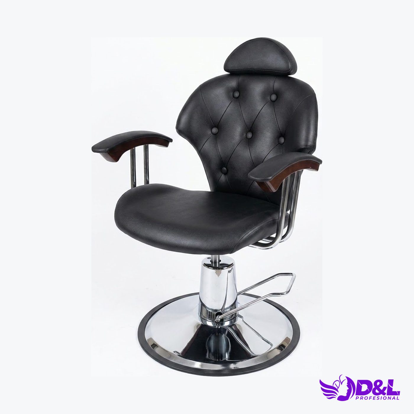 Silla de Barbería Profesional con Capitoné Negro y Reposabrazos de Madera