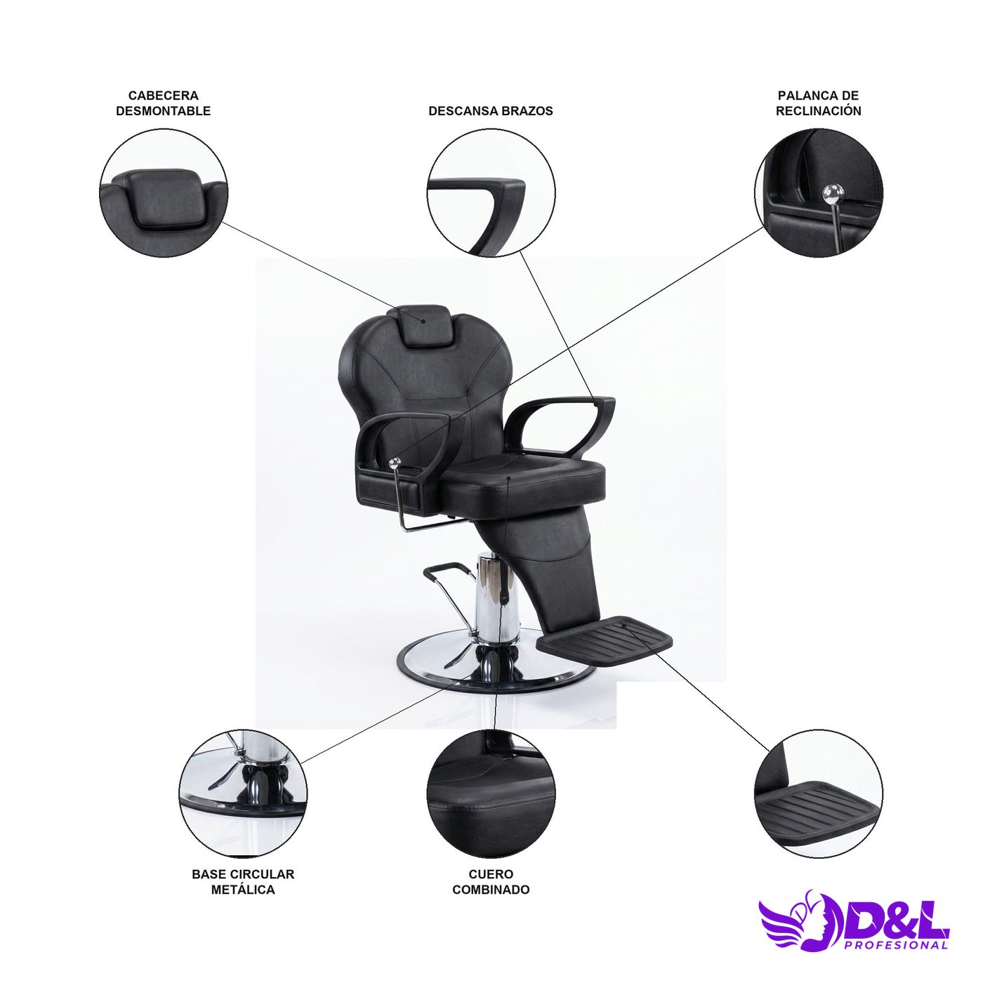 Sillón de Barbería BX-31206B Base Plateada, Color Negro 3